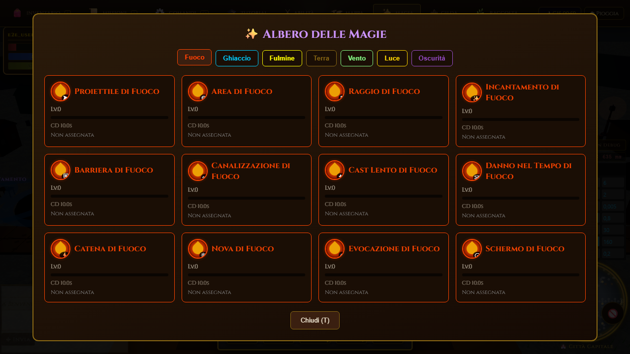 The skills screen listing the seventeen separate skills, each with its own level and an XP progress bar.